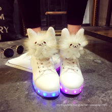 Cute Fur Accessories Children LED Light Up Shoes High Top USB Rechargeable Flashing Sneakers For Child Girls White Kids Shoes